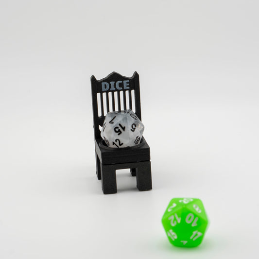 A black dice cuck chair with a d20 in it